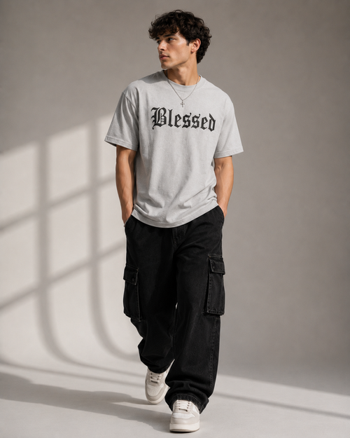 "Blessed" Graphic Tee – Premium Grey Gothic Font Streetwear T-Shirt