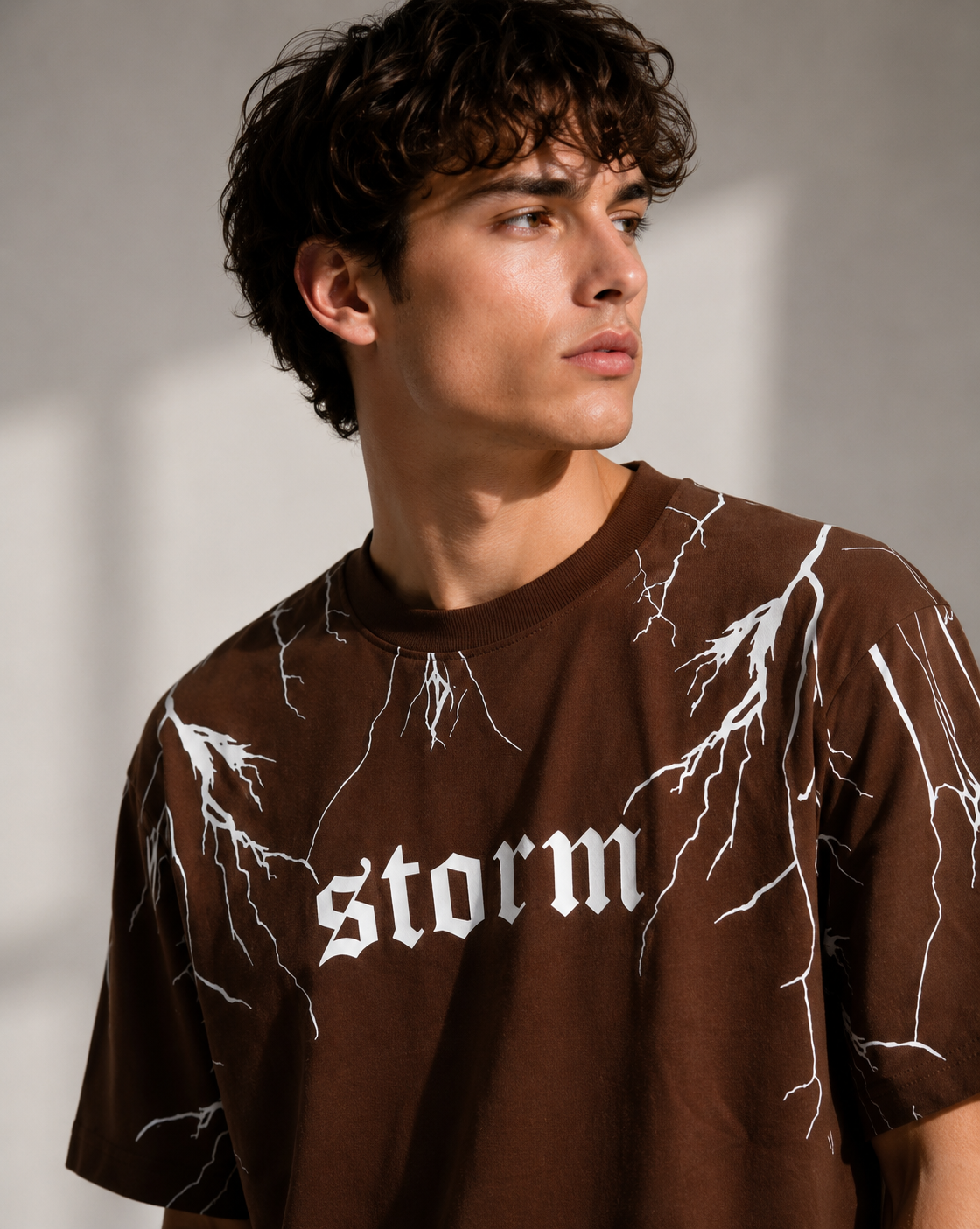 "Storm" Lightning Graphic Tee – Premium Brown Gothic Streetwear T-Shirt