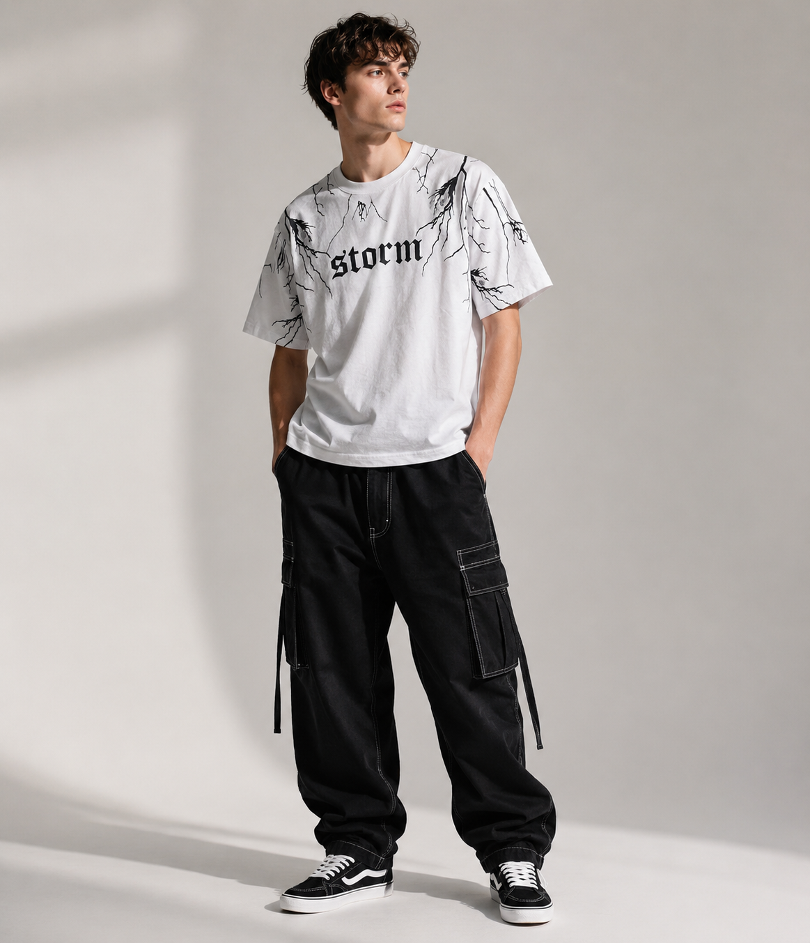 "Storm" Lightning Graphic Tee – Premium Grey Gothic Streetwear T-Shirt