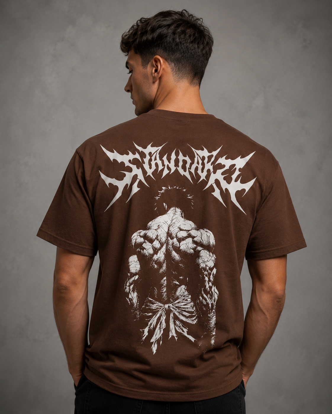 "Demon Back" Graphic Drop Shoulder Tee (BROWN)