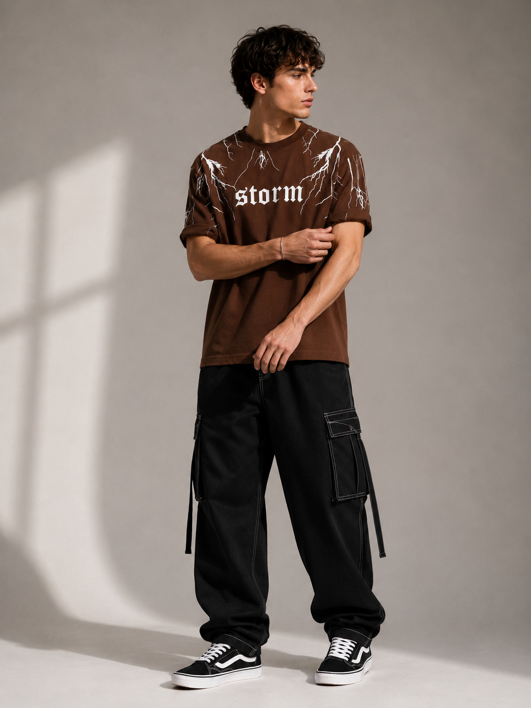 "Storm" Lightning Graphic Tee – Premium Brown Gothic Streetwear T-Shirt