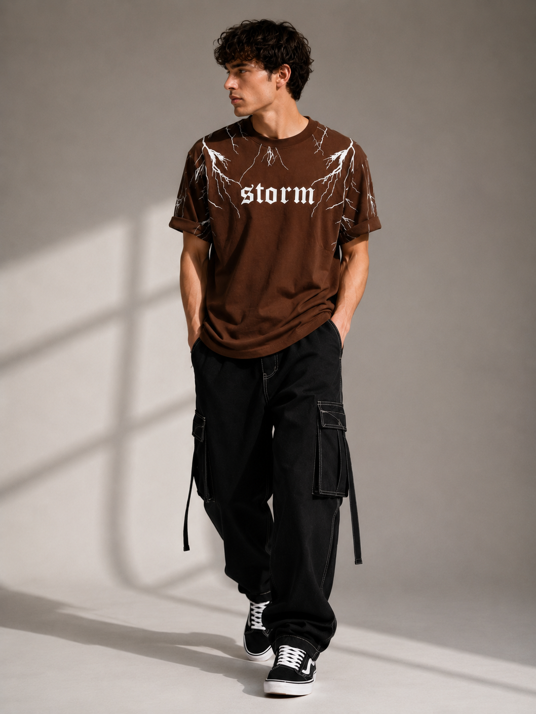 "Storm" Lightning Graphic Tee – Premium Brown Gothic Streetwear T-Shirt