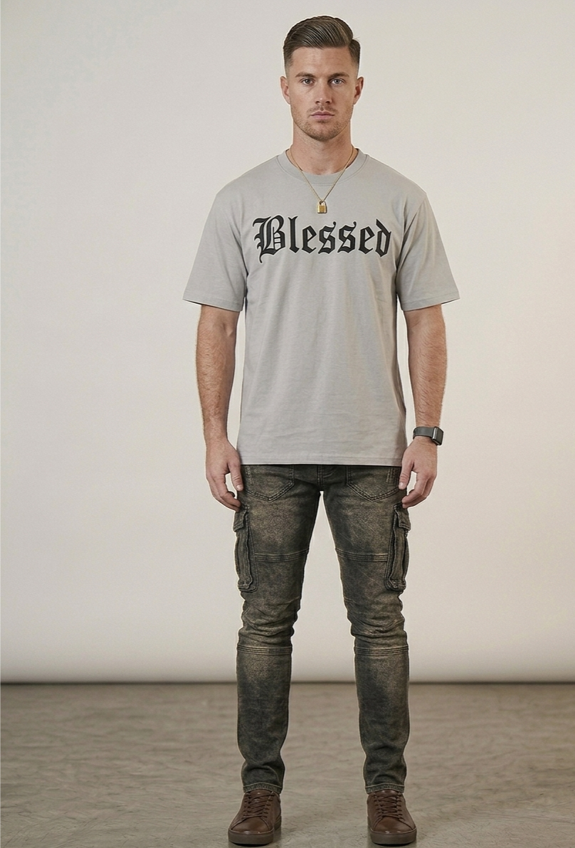 "Blessed" Graphic Tee – Premium Grey Gothic Font Streetwear T-Shirt
