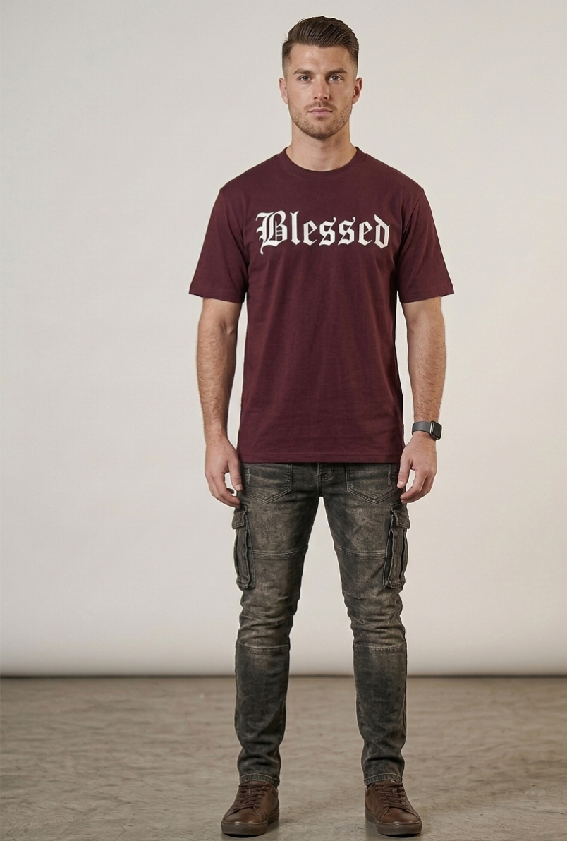 "Blessed" Graphic Tee – Premium Maroon Font Streetwear T-Shirt