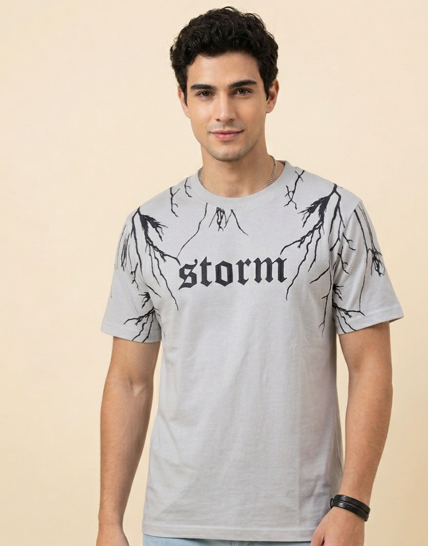 "Storm" Lightning Graphic Tee – Premium Grey Gothic Streetwear T-Shirt