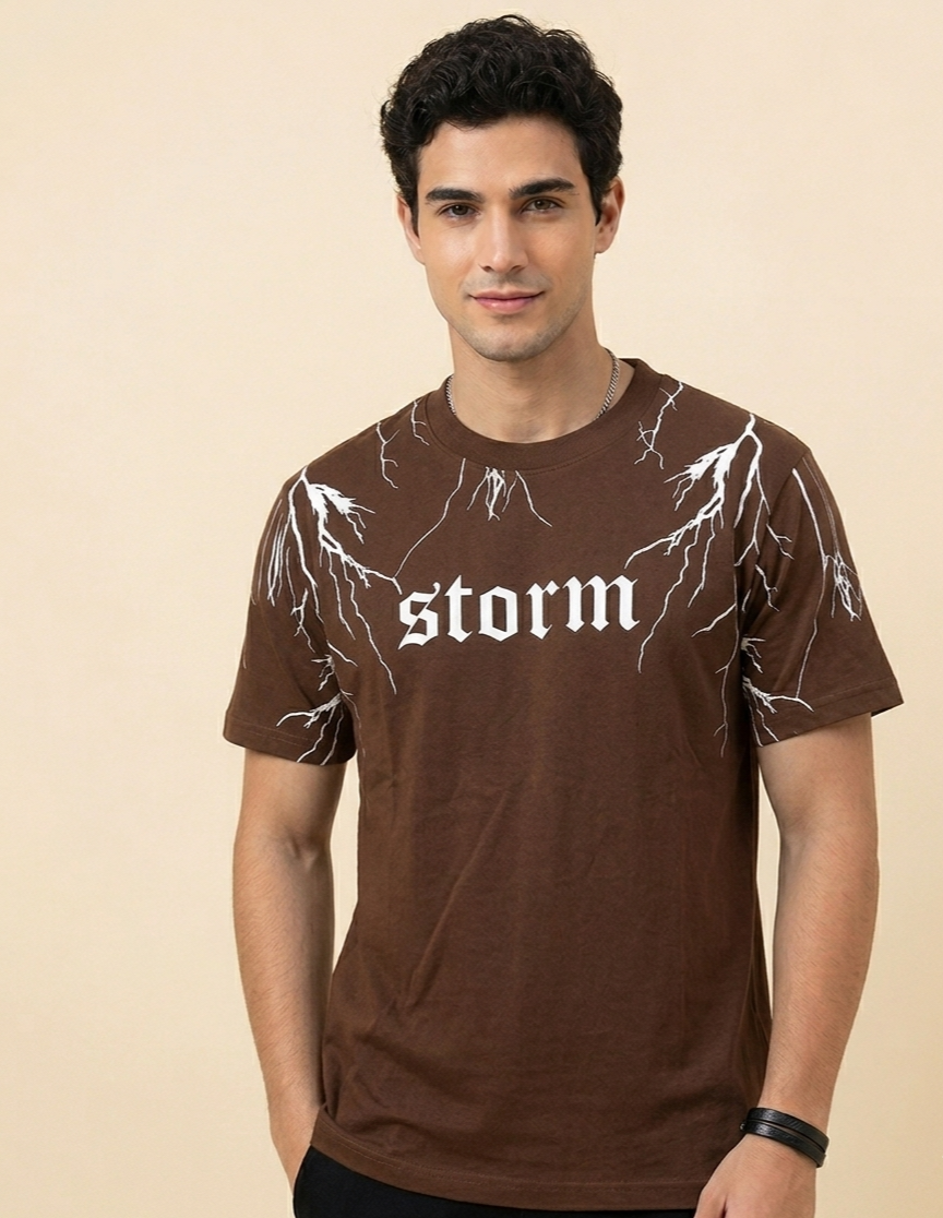 "Storm" Lightning Graphic Tee – Premium Brown Gothic Streetwear T-Shirt