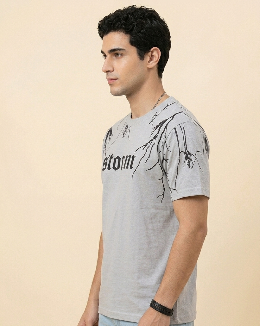 "Storm" Lightning Graphic Tee – Premium Grey Gothic Streetwear T-Shirt