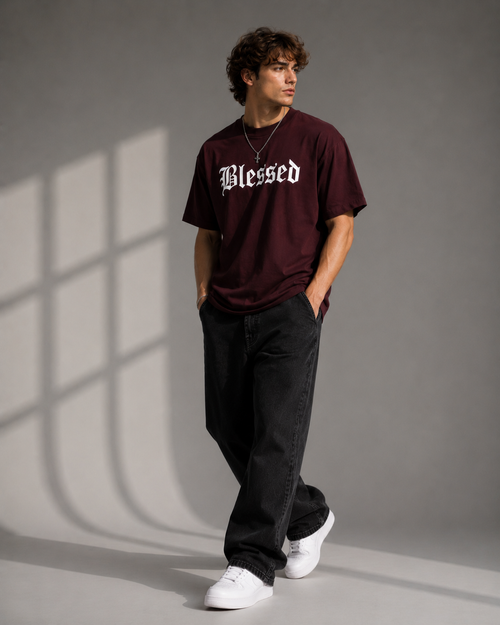 "Blessed" Graphic Tee – Premium Maroon Font Streetwear T-Shirt